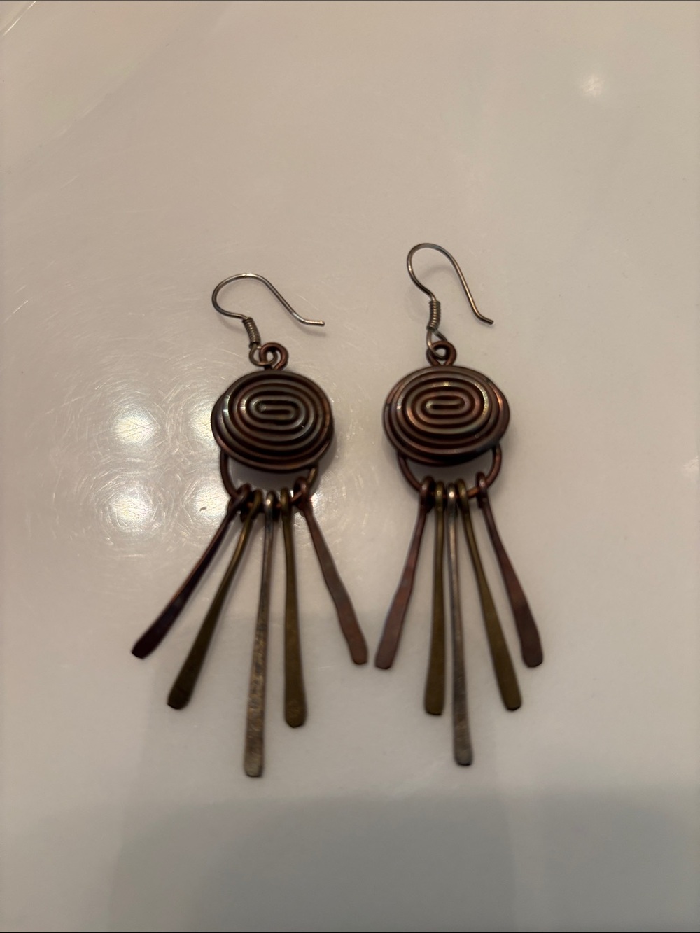 Handcrafted Copper Spiral Dangle Earrings - Brown Metallic